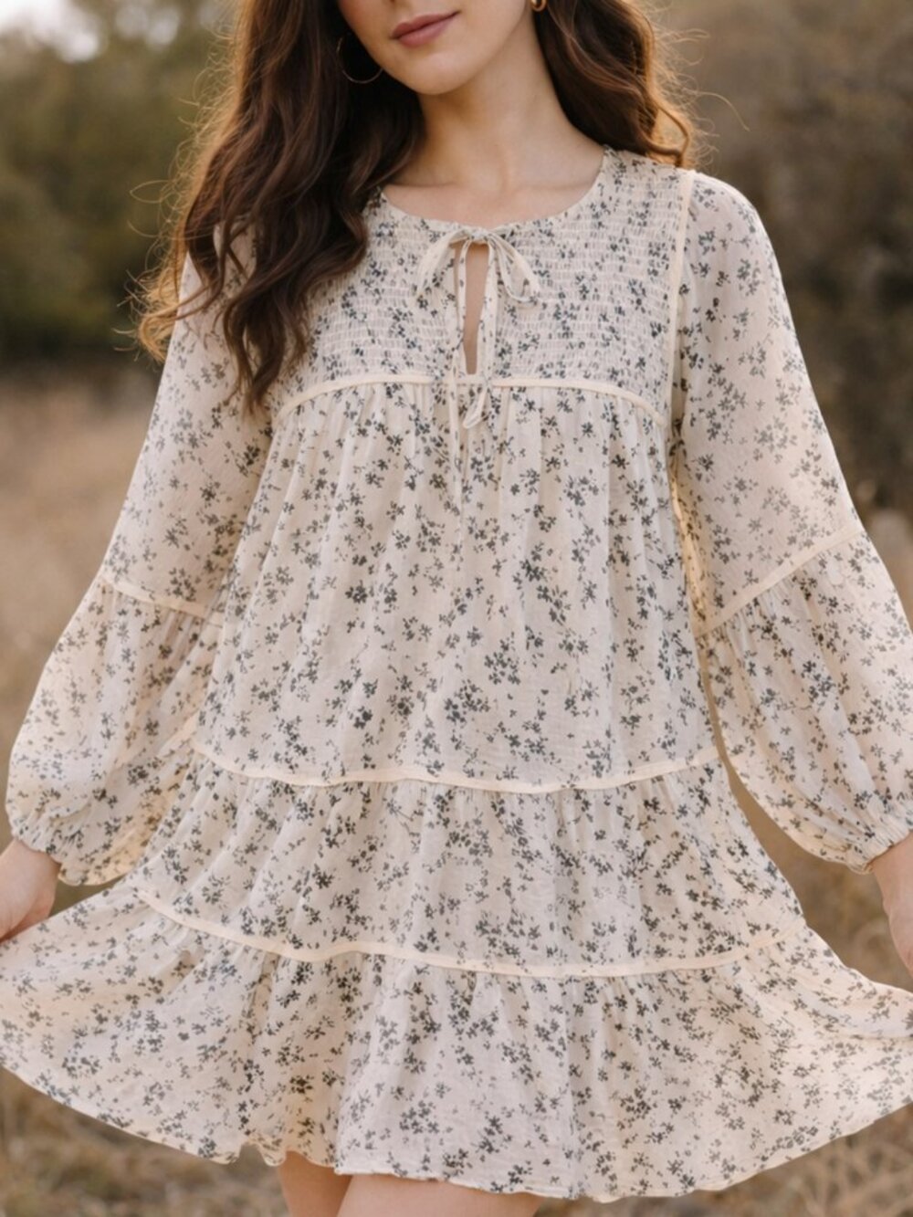 Blue Rain Floral Tiered Babydoll Mini Dress Cottagecore Boho Romantic Prairie